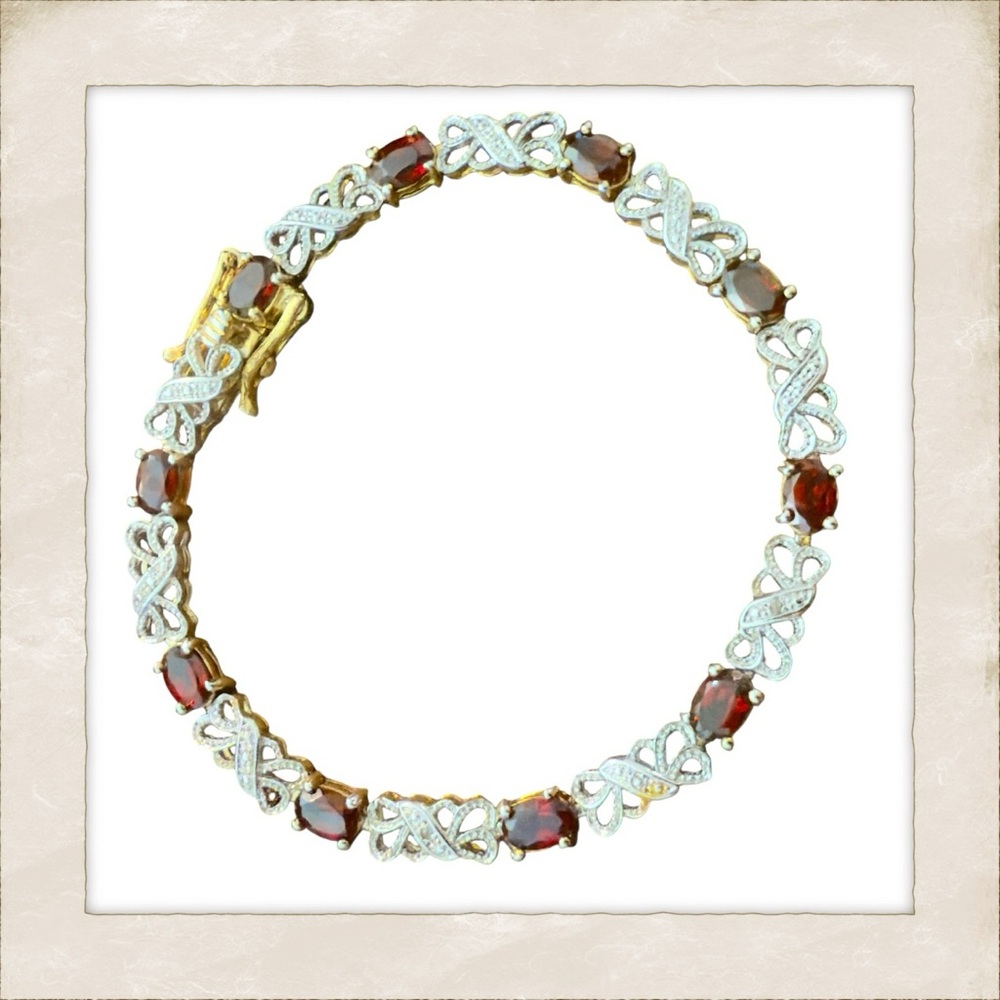 Vintage HAN Garnet & Lab Diamond Tennis Bracelet 925 Sterling & Gold Vermeil